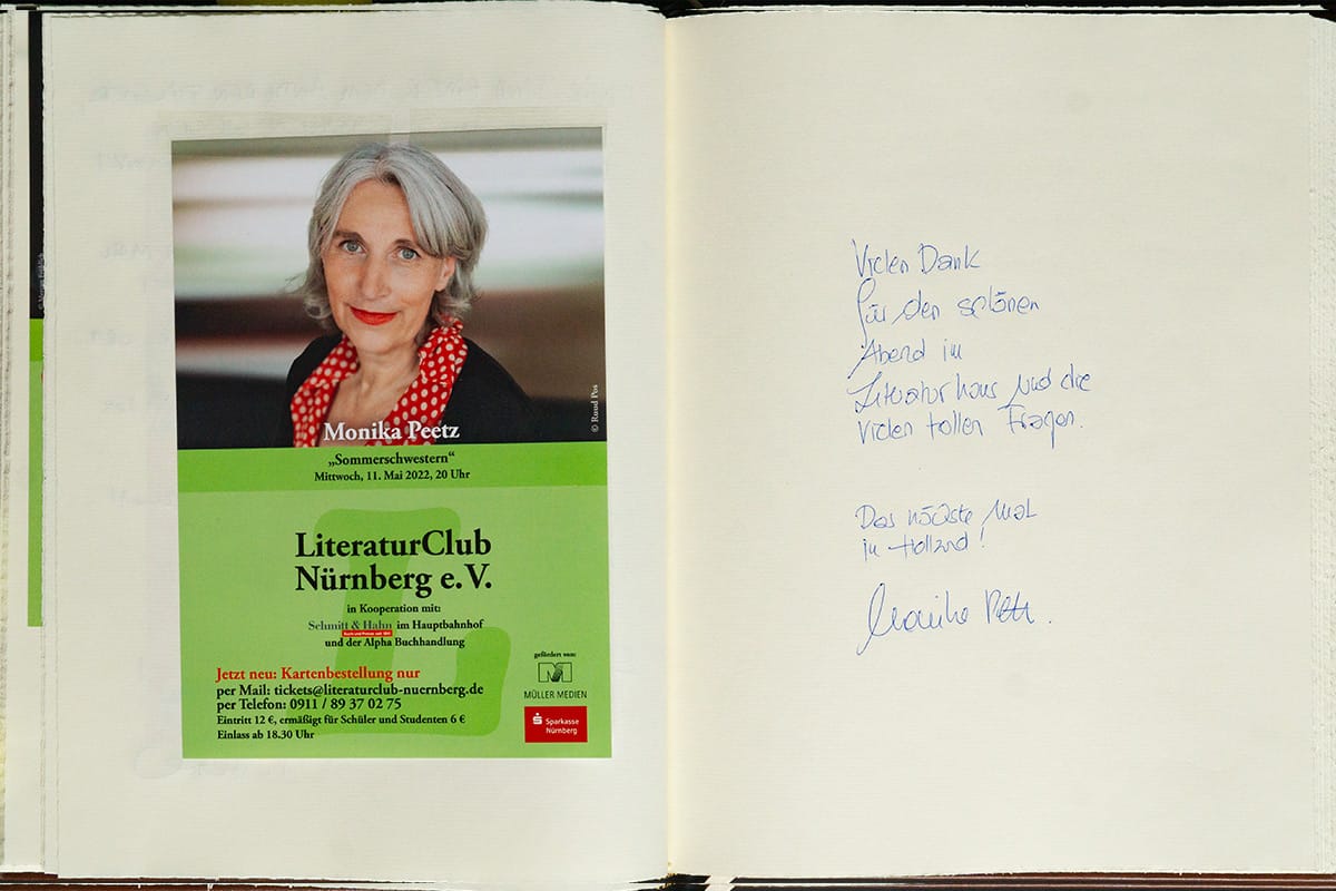 Eintrag von Monika Peetz in unser Gästebuch vom 11. Mai 2022 | © Literaturclub Nürnberg