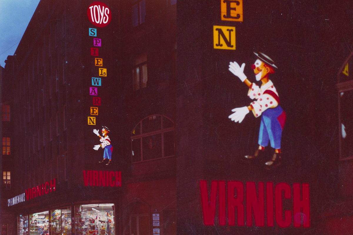 Schriftzug des Spielwarenhauses Virnich in Neon an der Fassade, ca. 1960er Jahre